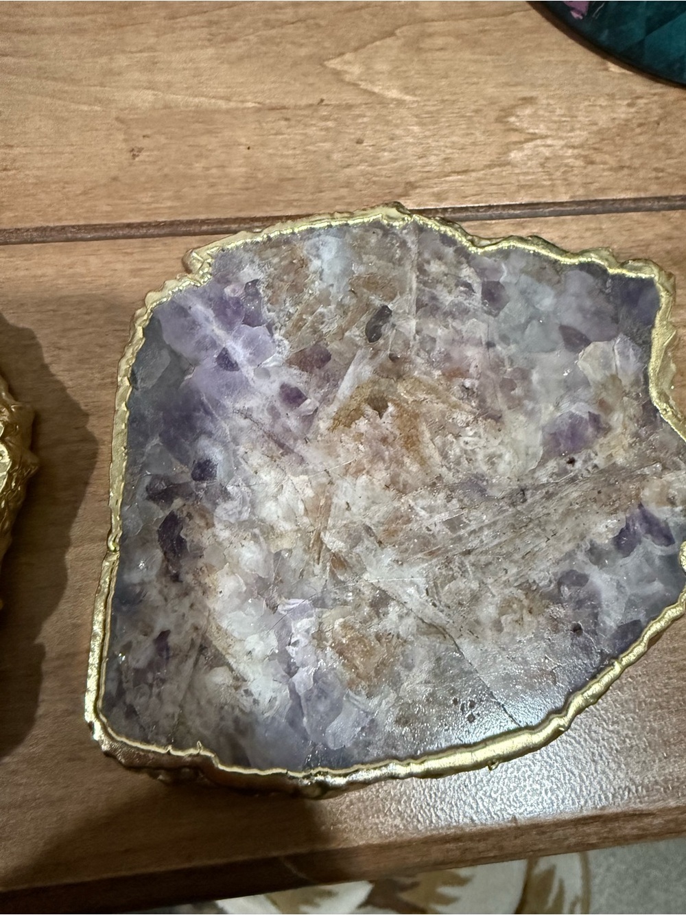 Set of two anthropology coasters amethyst gold rim